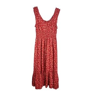 Patrons of Peace Midi Dress Size S Red Floral Smocked Ruffle Boho Sundress